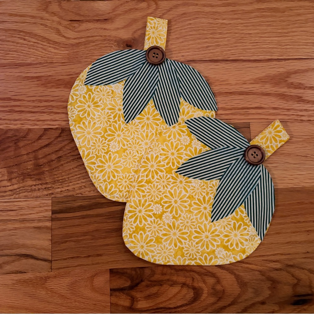 Handmade Yellow Floral strawberry Pot Holders with Striped Green Leaves